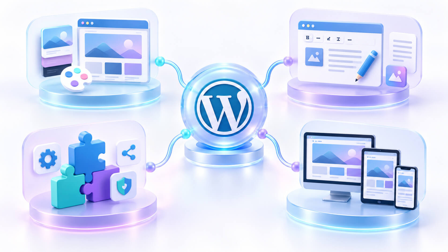 โครงสร้างเว็บไซต์ WordPress ประกอบด้วยธีม เนื้อหา ปลั๊กอิน และการแสดงผลหลายหน้าจอ